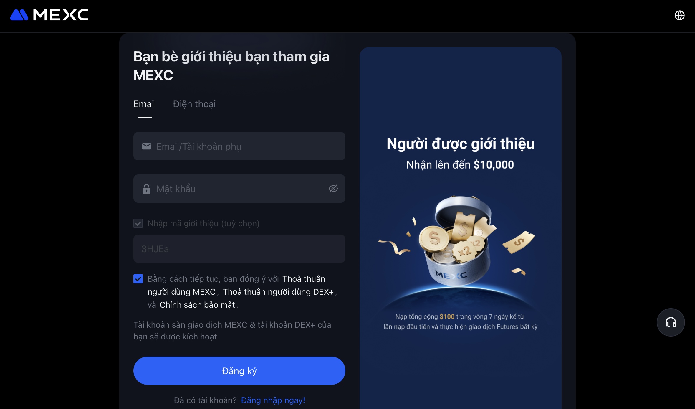 Hình ảnh minh họa trang đăng ký tài khoản MEXC